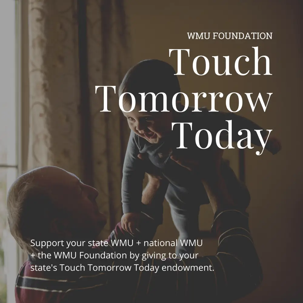 Father holding baby up and smiling with the words "Touch Tomorrow Today"