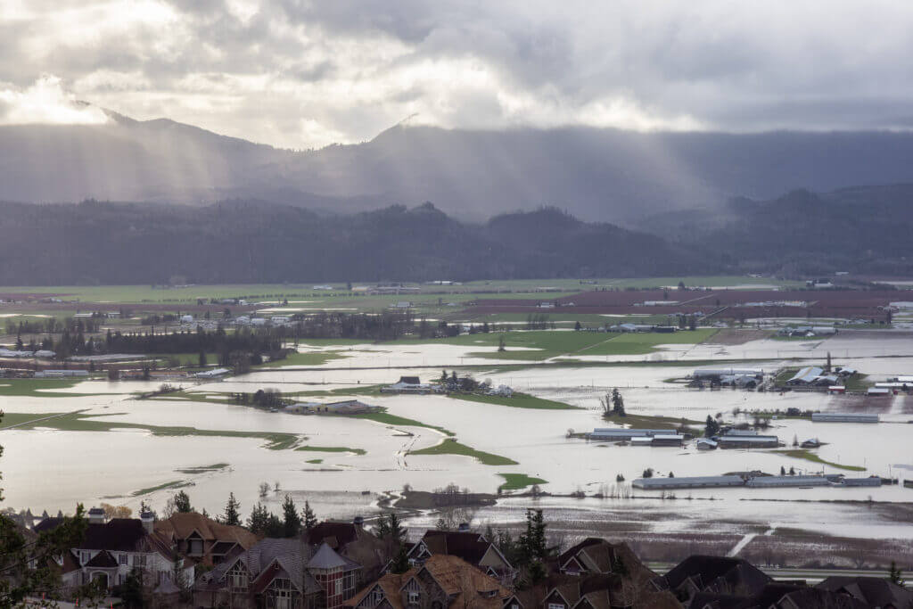 Flooded plains in a city after a natural disaster